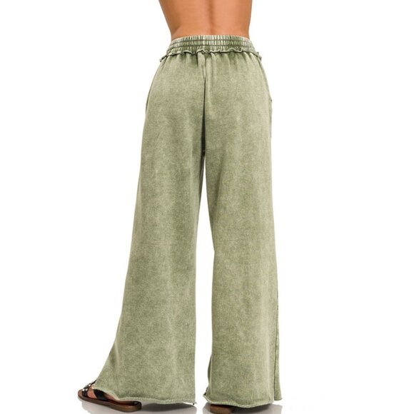 ZENANA Olive Green Acid Wash Palazzo Pants Wide Leg Soft Textured Fit NWT - Picture 2 of 4